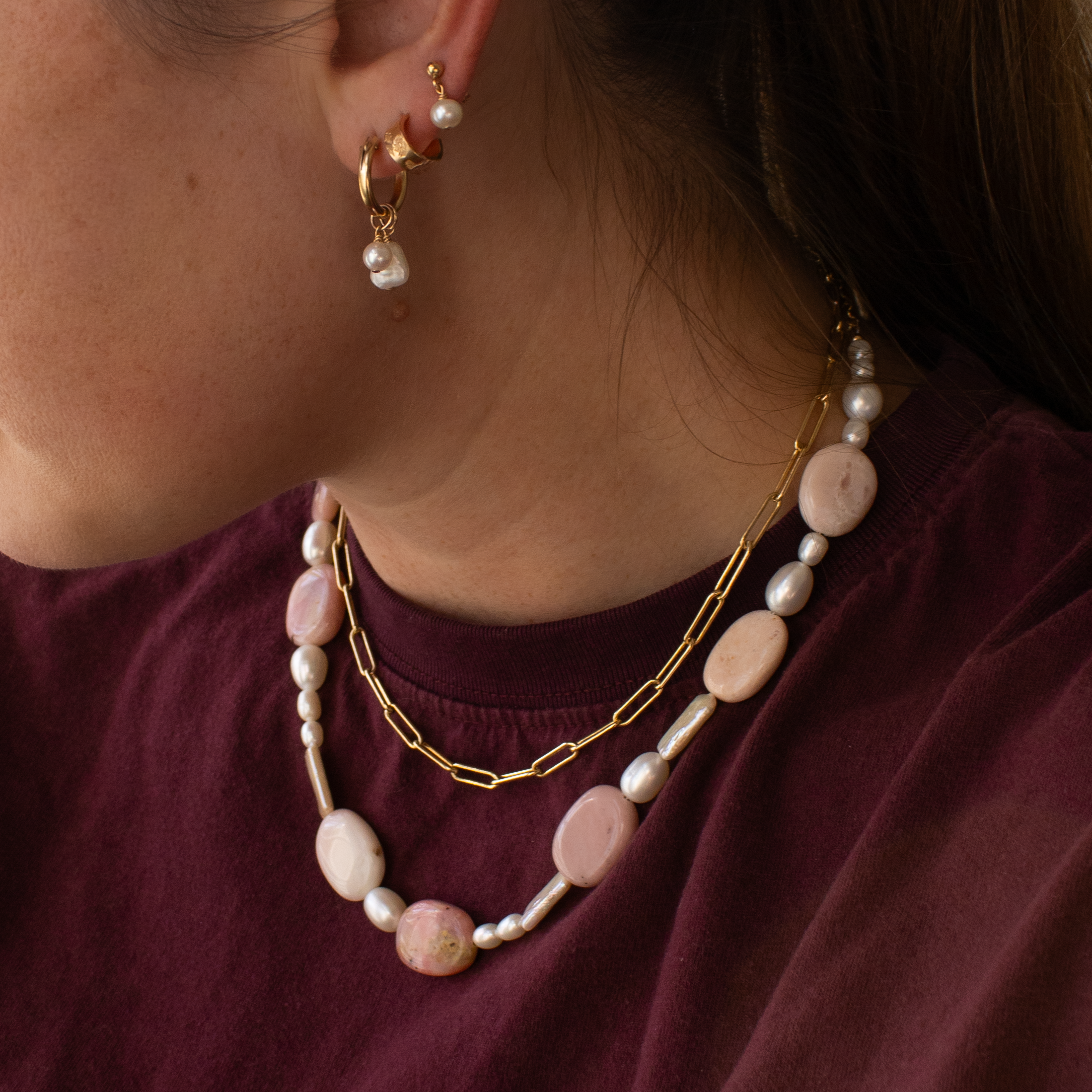 Wildrose Statement Necklace • Pink Opal + Freshwater Pearl