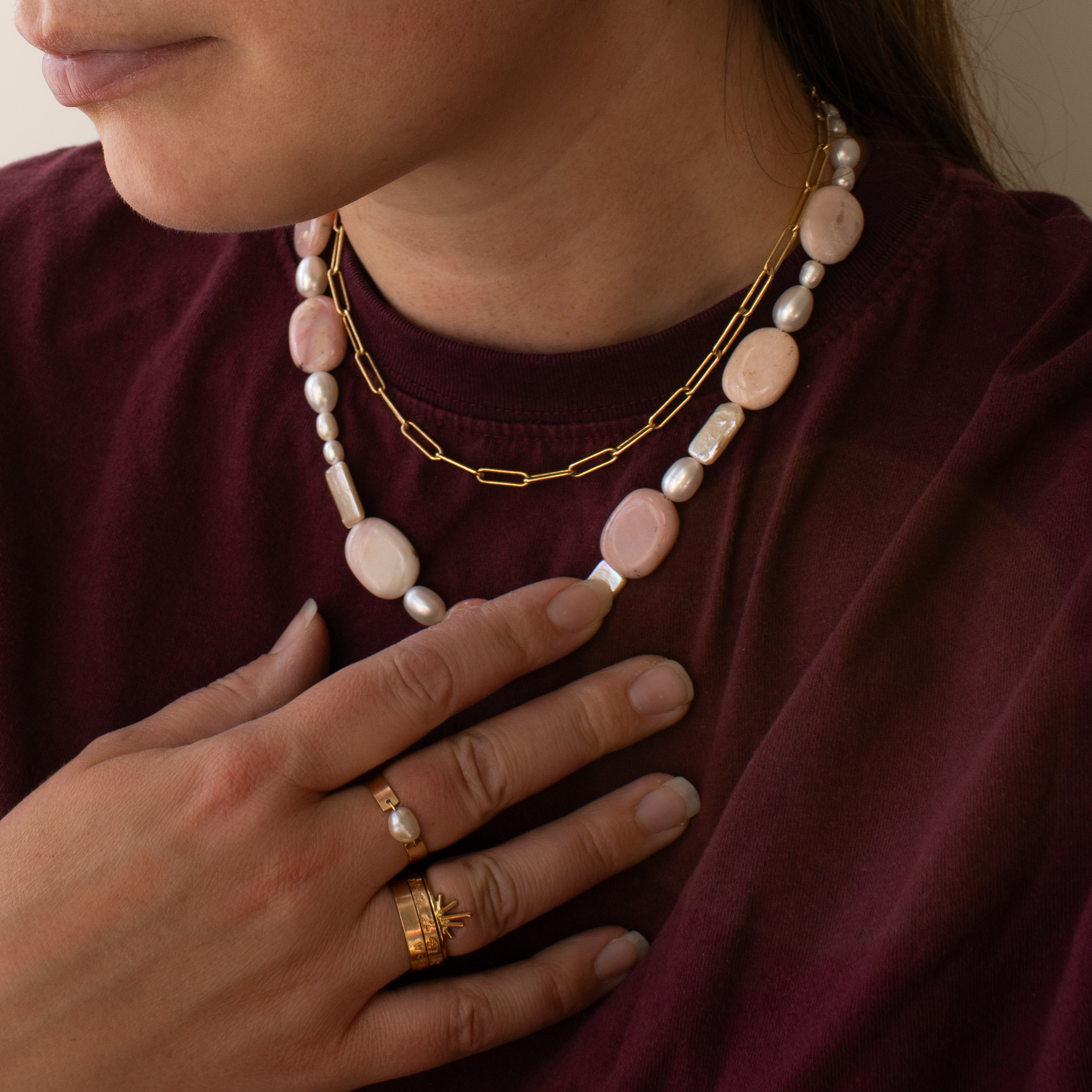 Wildrose Statement Necklace • Pink Opal + Freshwater Pearl