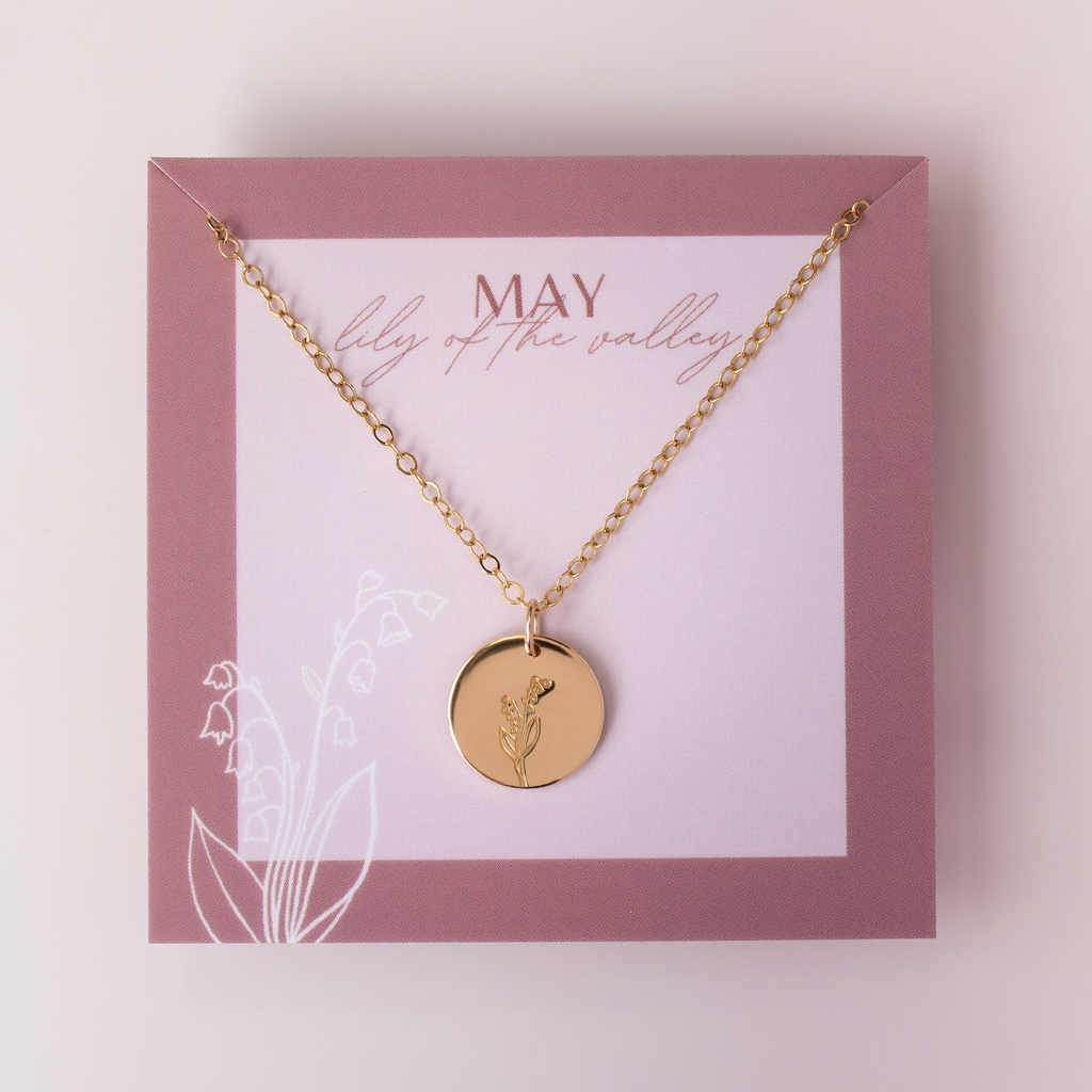 mint and lily birth flower necklace May Birth Flower Necklace • Lily of the Valley Solid 14k Yellow Gold