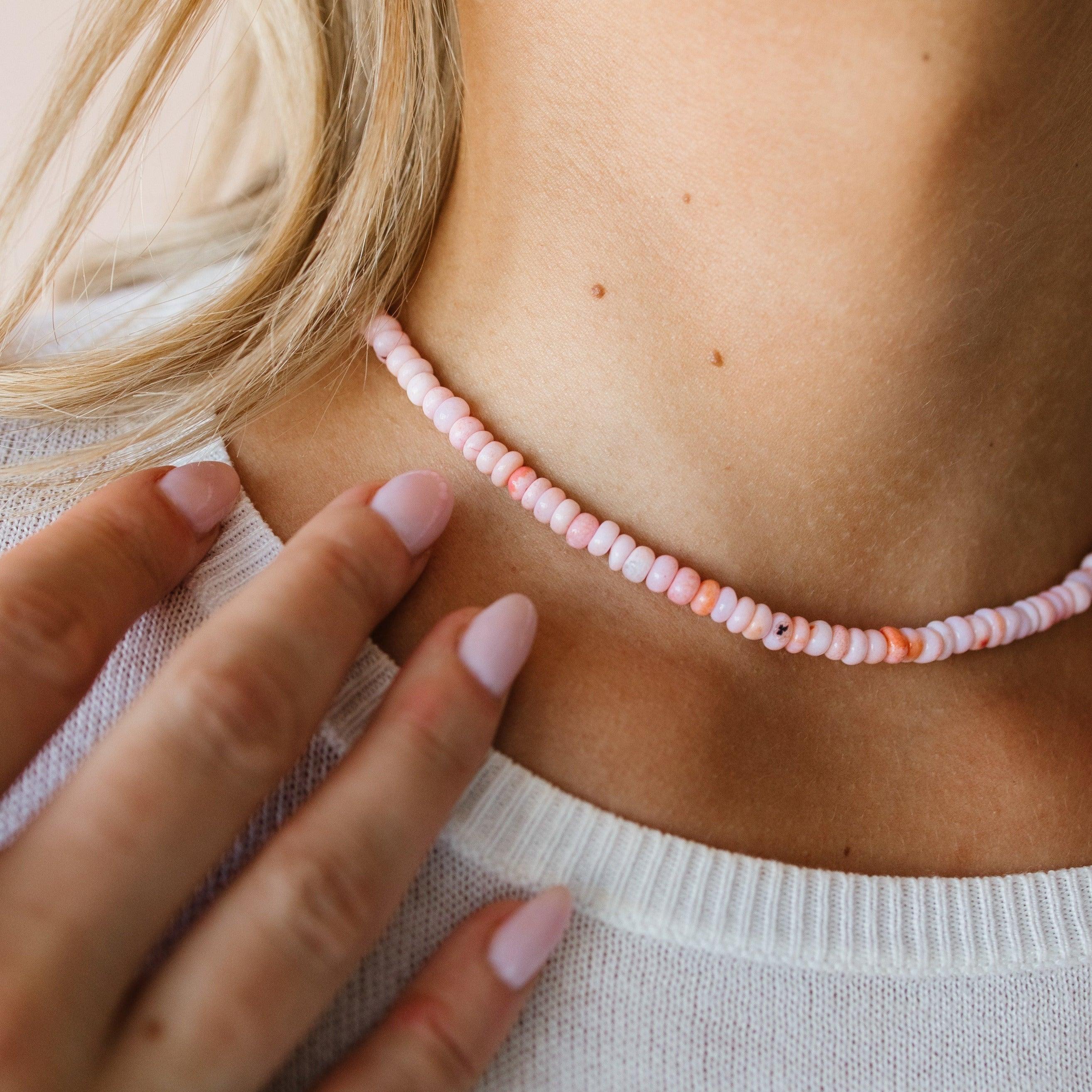 Pink Opal Beaded Layering Necklace Sterling Silver Natural Gemstone Soft Pink Pale Pink Cream shops Feminine Stone Bead Gemstone Necklace #17372